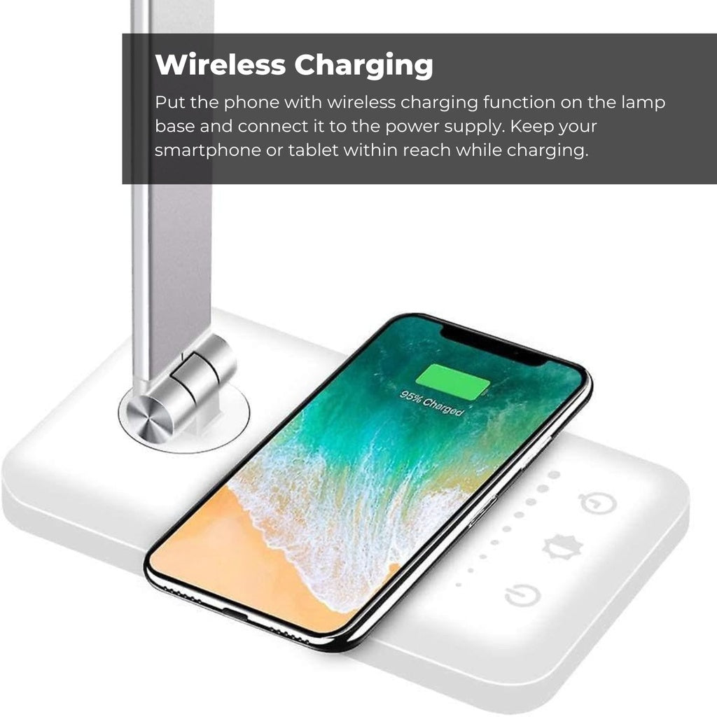 LED Desk Lamp with Wireless Charger & USB Charging Port (White)