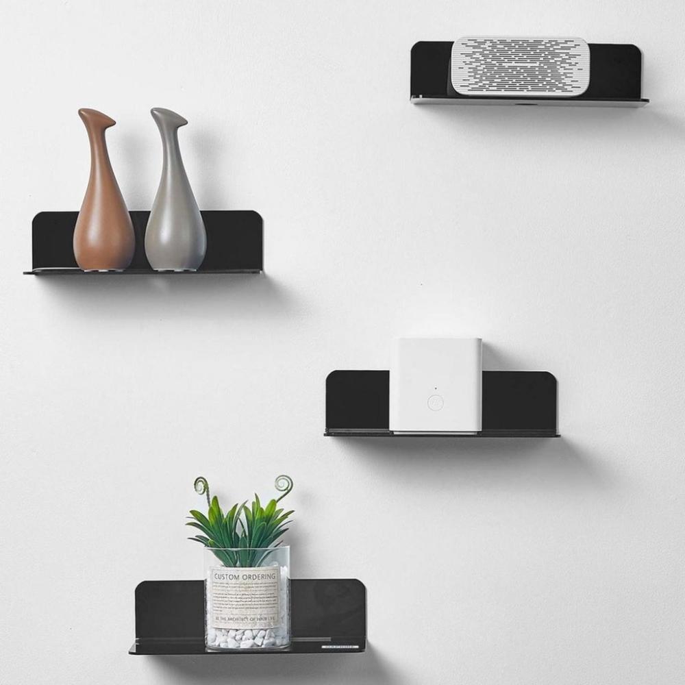 Acrylic Floating Wall Shelf Set of 4 with Cable Clips (Black)