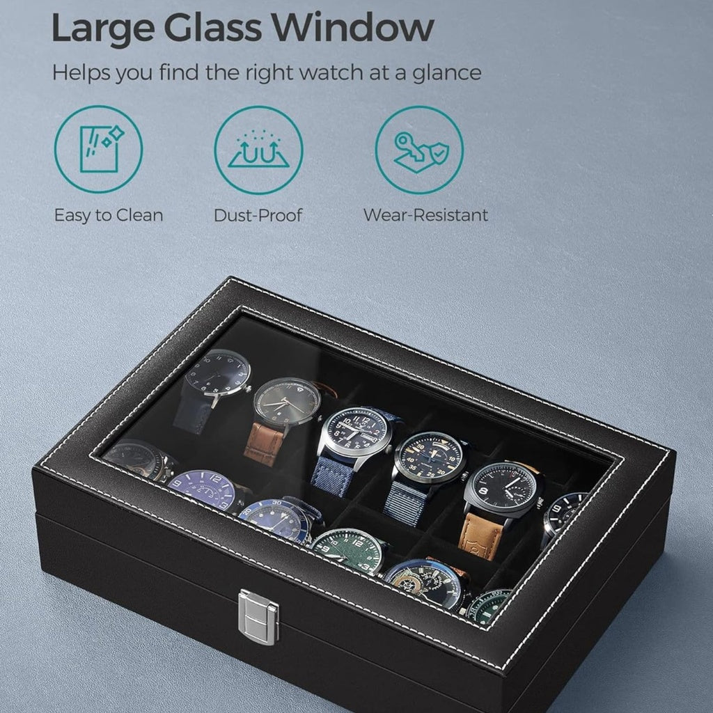 12-Slot Watch Box with Large Glass Lid