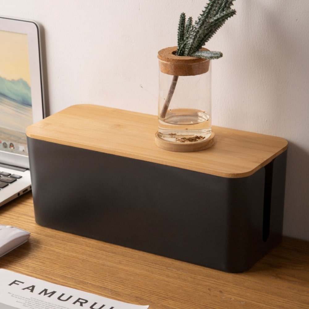 Set of Two Cable Management Box with Wood Pattern Lid -Black