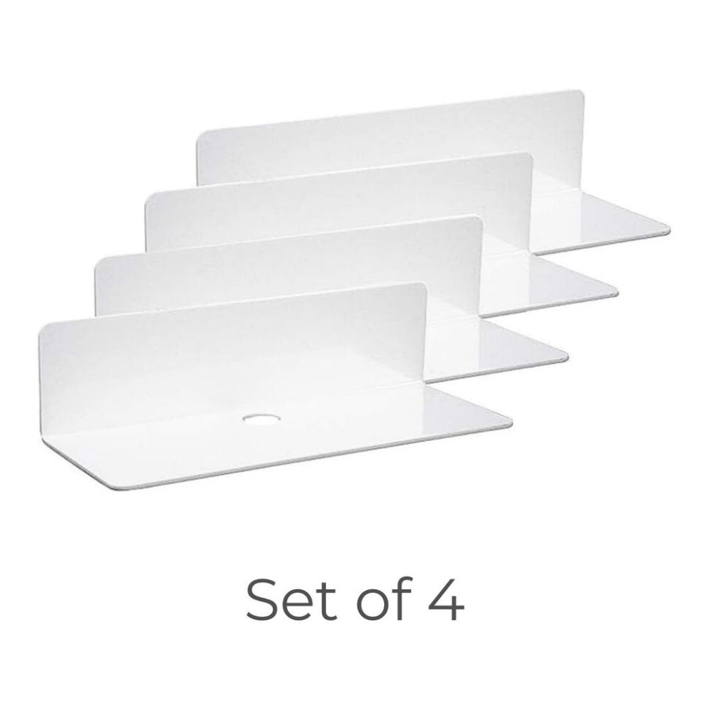 Acrylic Floating Wall Shelf Set of 4 with Cable Clips (White)