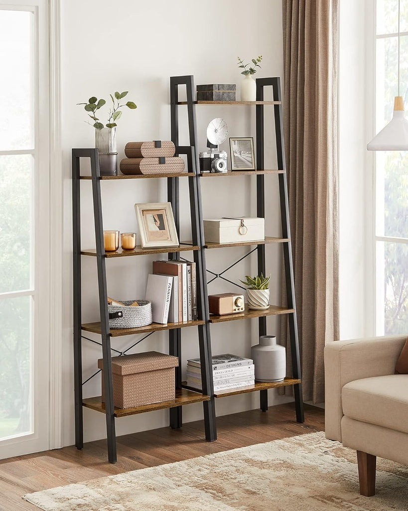 Ladder Shelf 4-Tier Industrial Storage Rack - Rustic Brown and Black