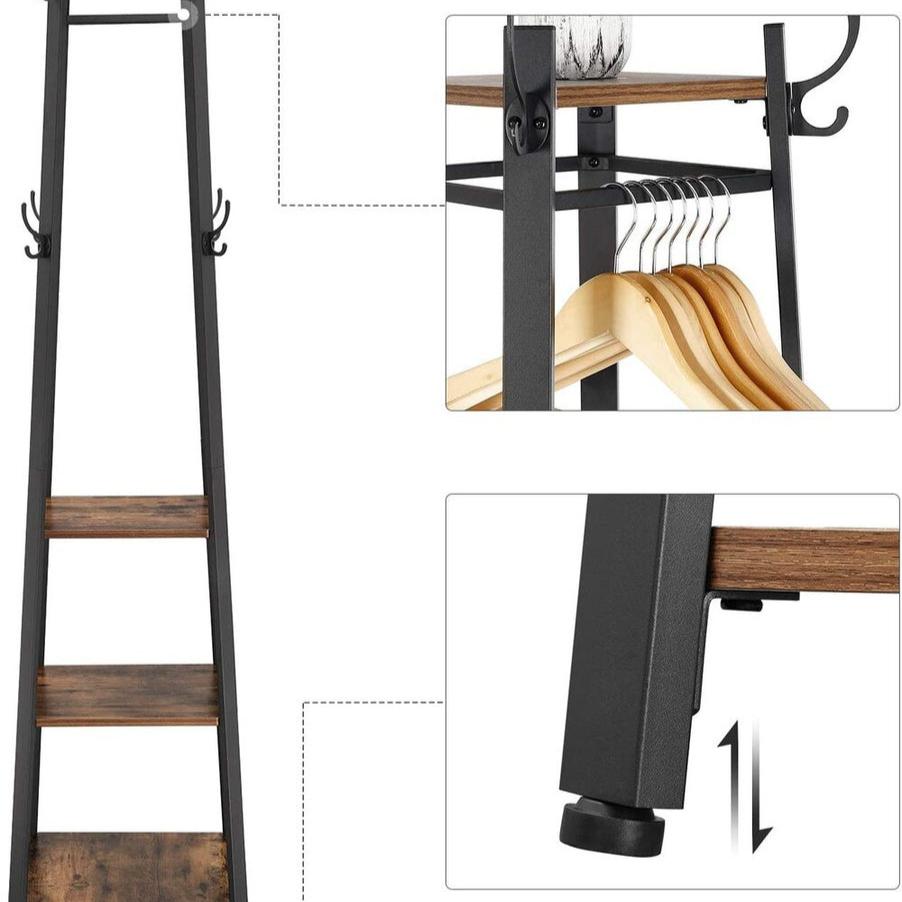 Coat Rack with 3 Shelves - Rustic Brown and Black