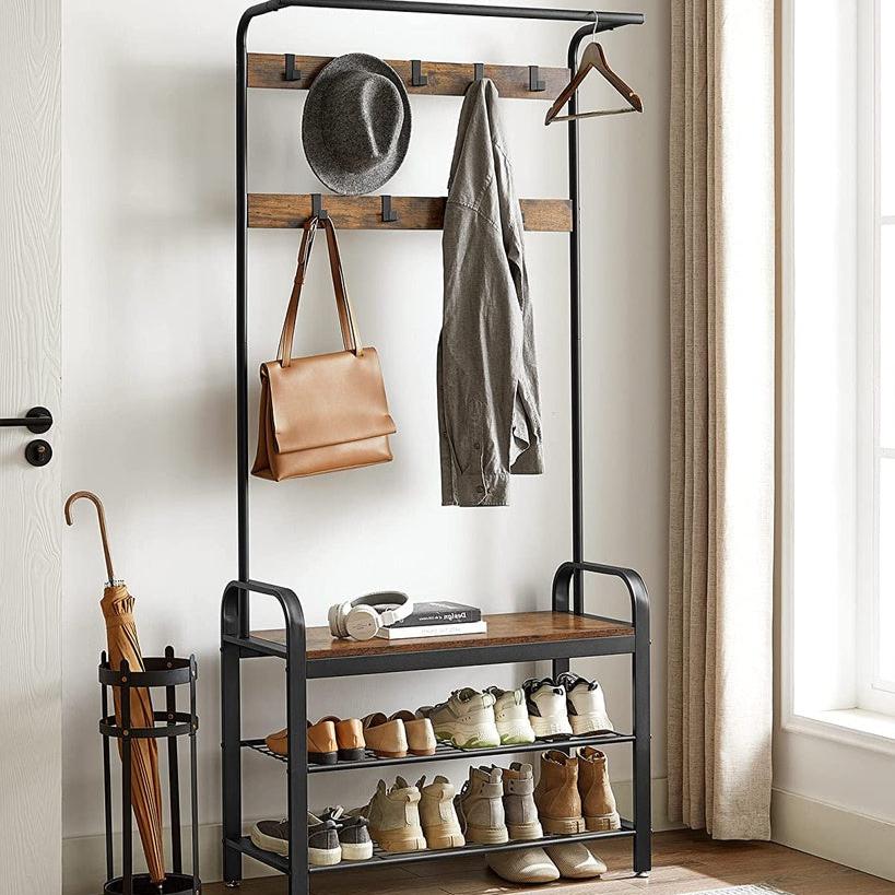 Coat Rack Hall Tree with Shoe Bench 3-in-1 Design - Rustic Brown and Black