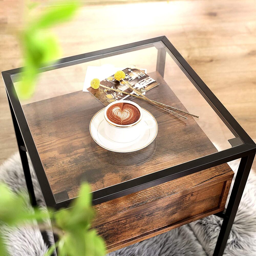 Tempered Glass Side Table with Drawer and Shelf