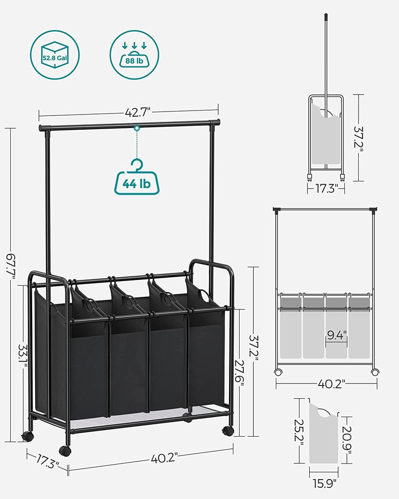 4-Bag Laundry Sorter Rolling Cart with Hanging Bar