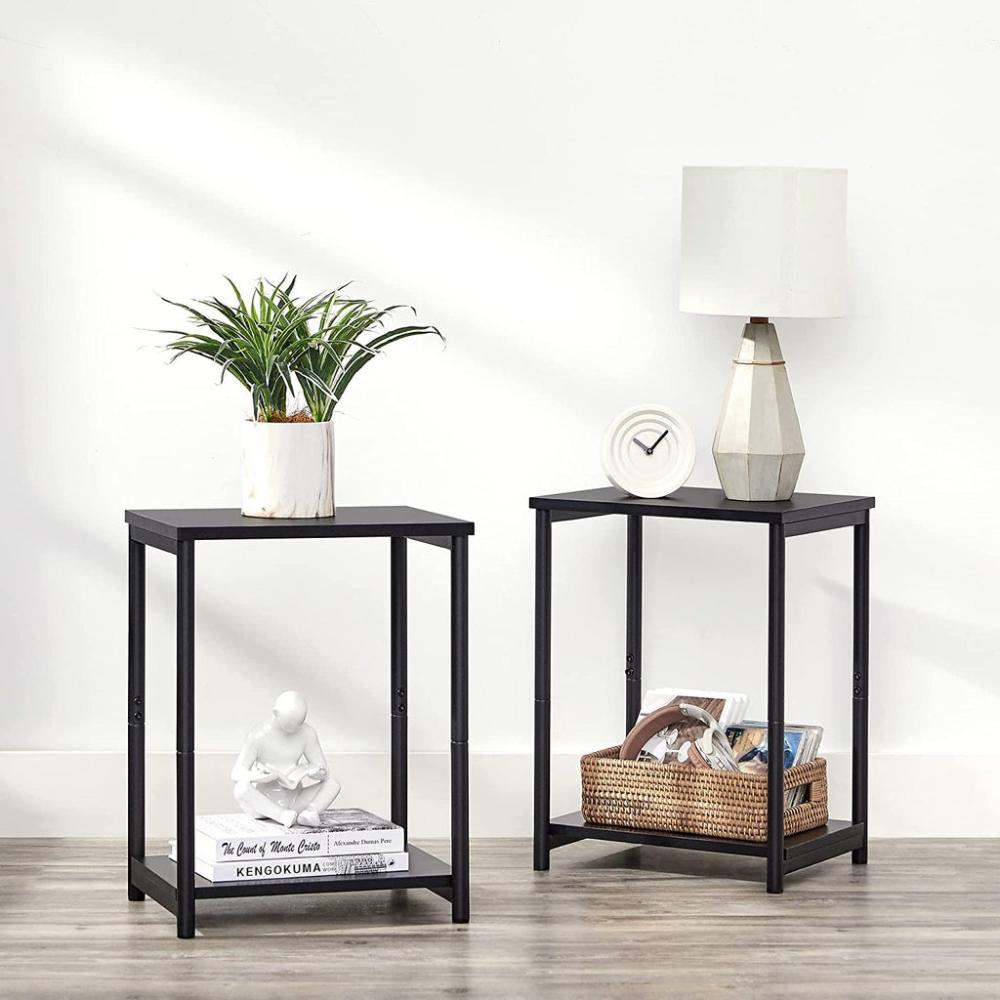 Side Table Set of 2 Charcoal Grey and Black with Storage Shelf