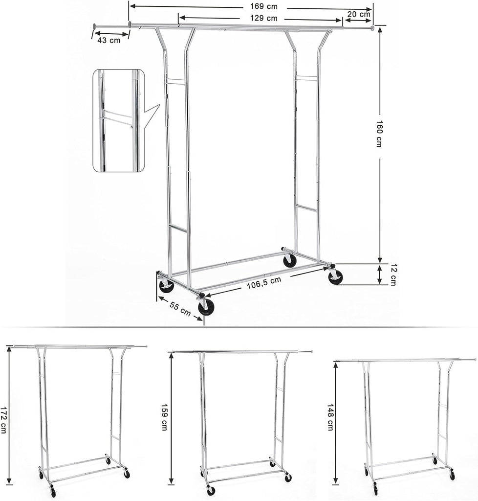 Metal Clothes Rack Stand on Wheels Heavy Duty - Silver