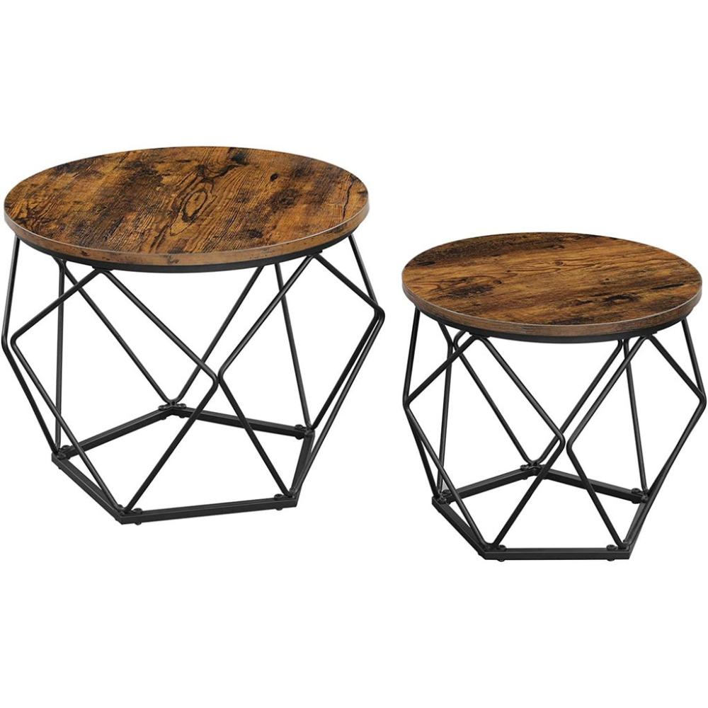 Rustic Brown and Black Coffee Tables with Robust Steel Frame - Set of 2