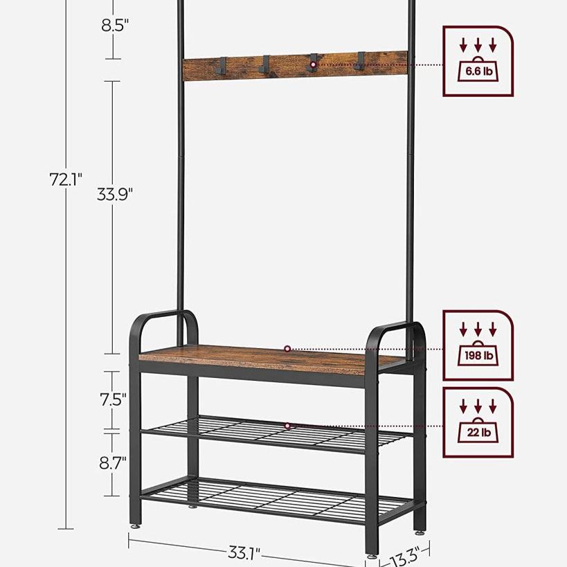 Coat Rack Hall Tree with Shoe Bench 3-in-1 Design - Rustic Brown and Black