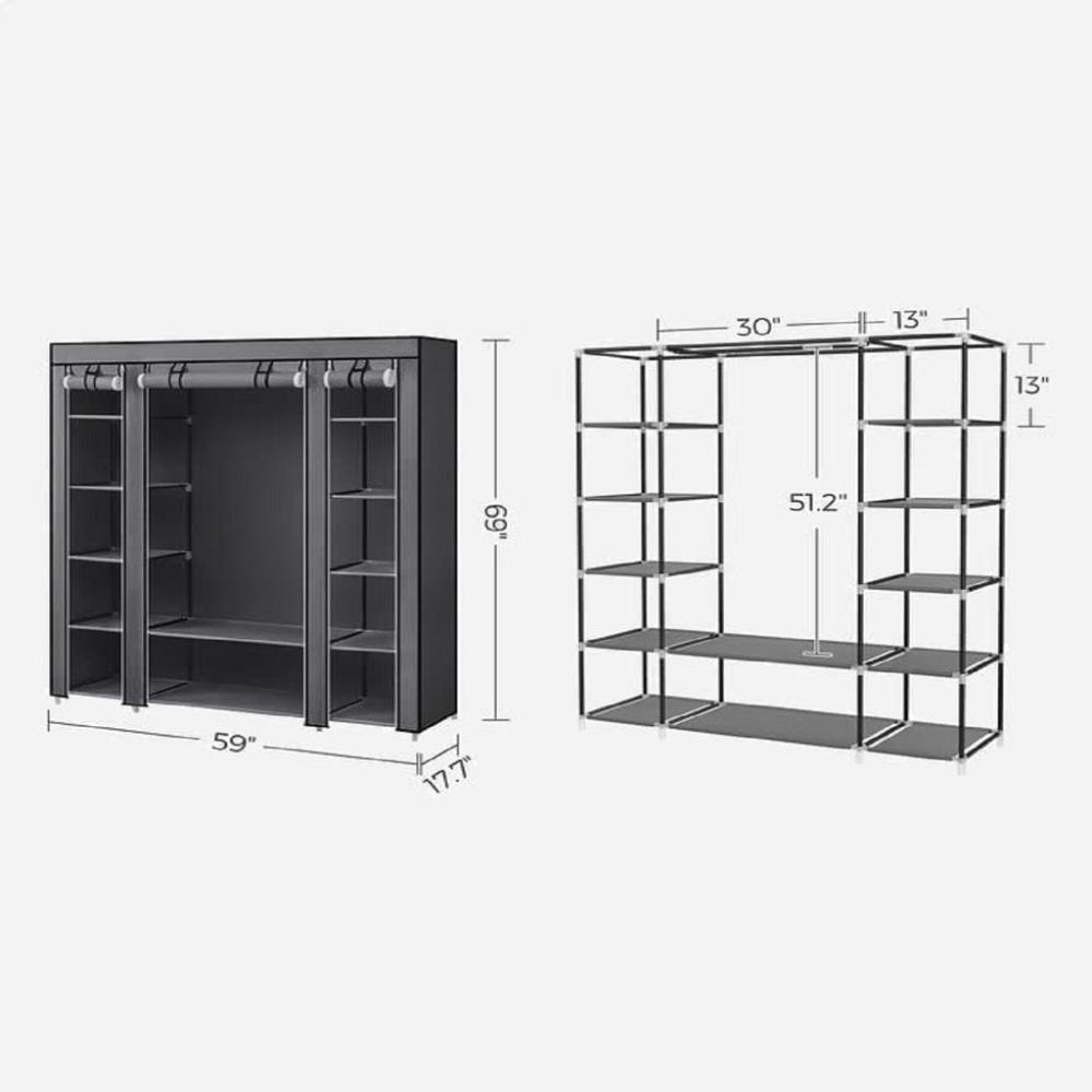 Portable ClosetWardrobe with Shelves and Cover Grey - 150cms