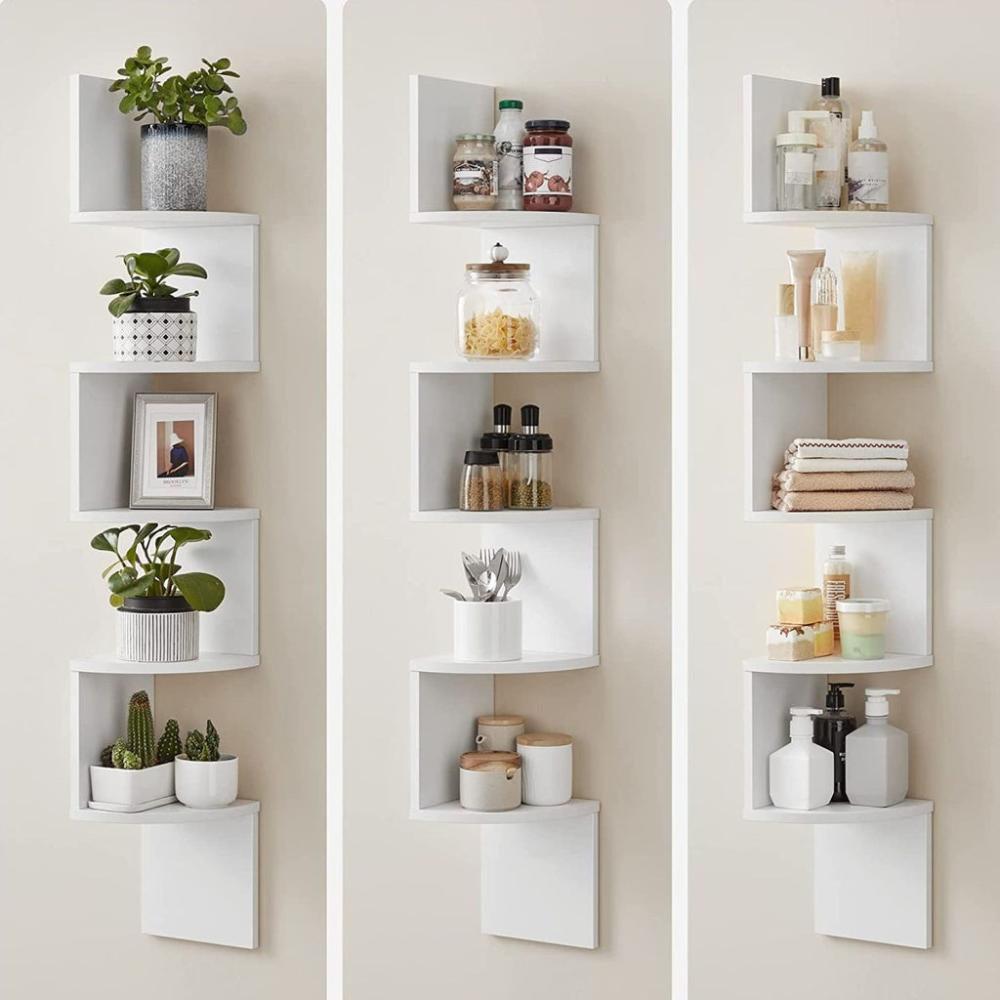 5-Tier Floating Corner Bookshelf - Rustic White