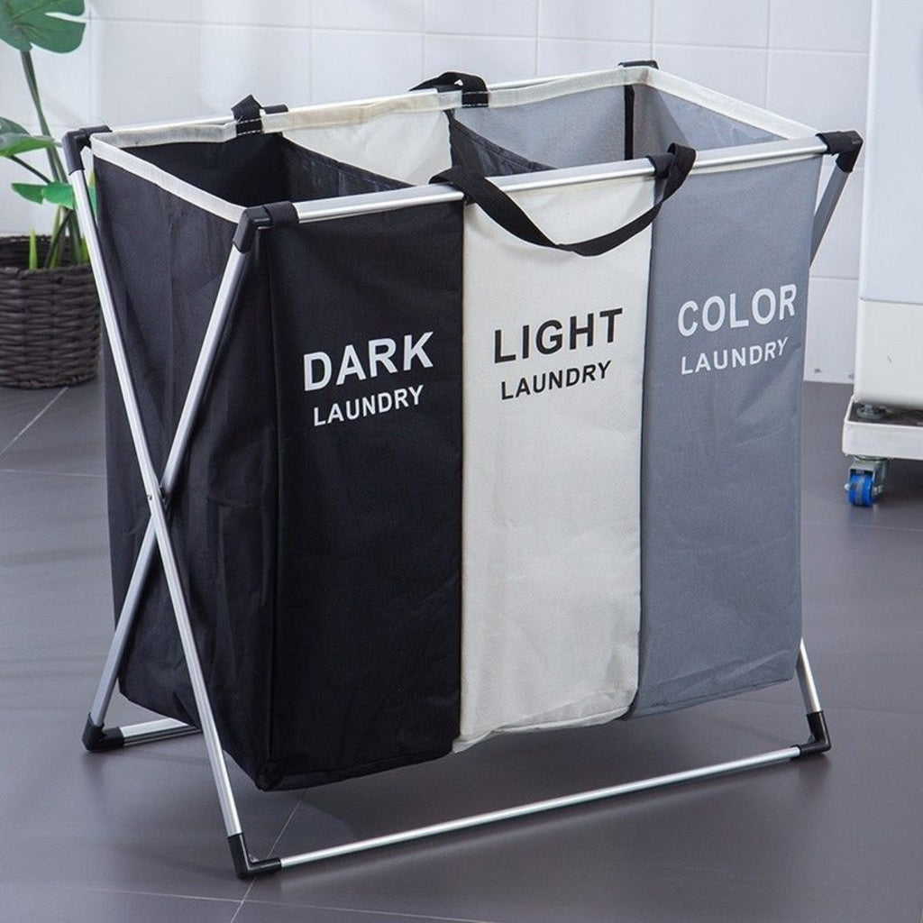 Foldable Laundry Cloth Hamper with 3 Sections - 135L (White + Grey + Black)