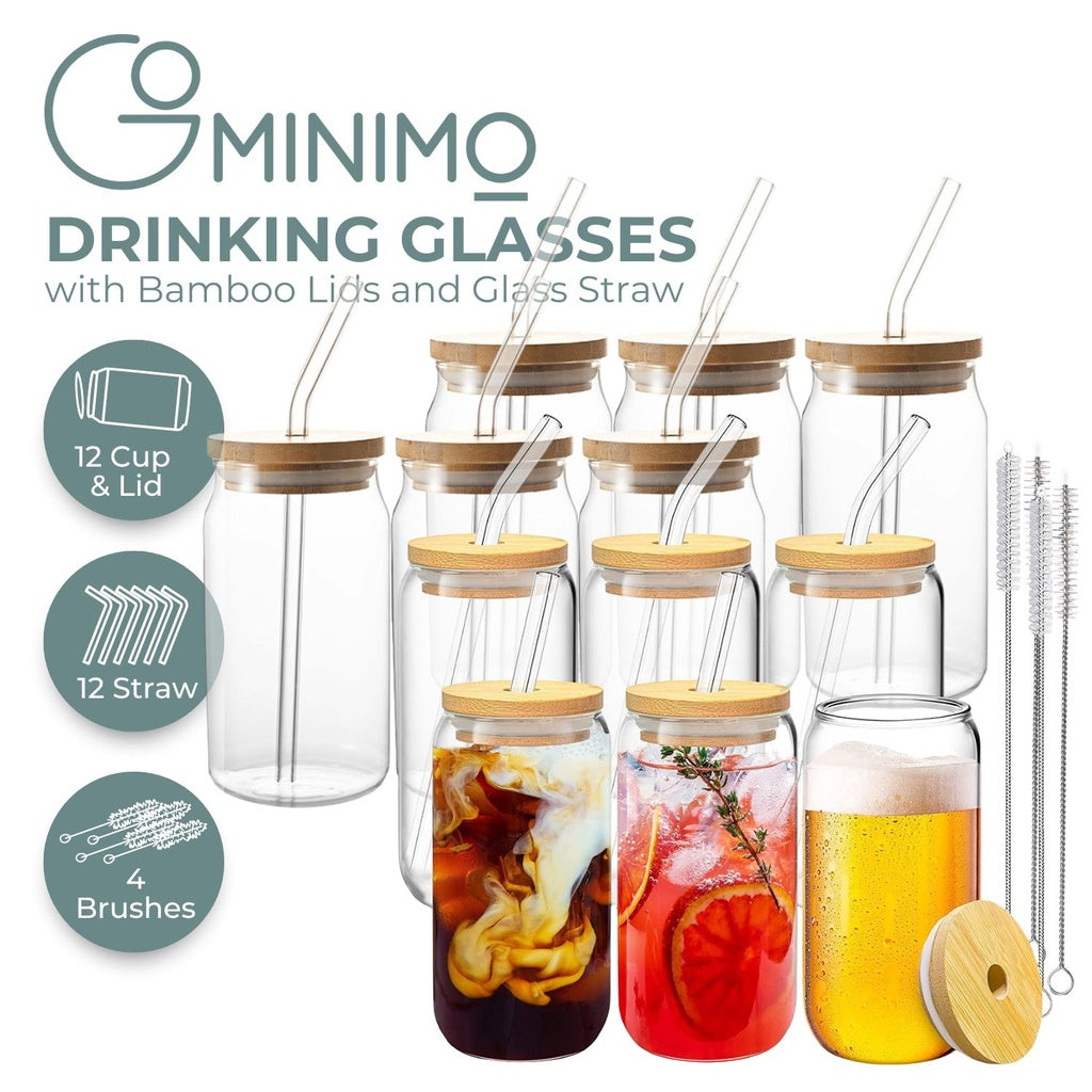 Mason Jar Drinking Glass with Lid and Straw 16Oz - 12pcs