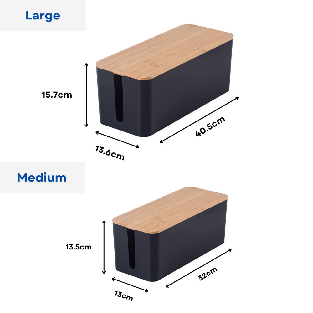 Set of Two Cable Management Box with Wood Pattern Lid -Black