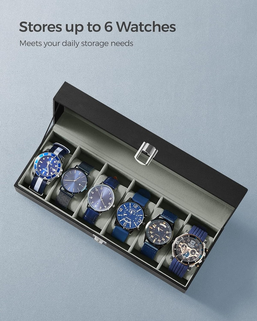 Watch Box for 6 Watches with Glass Lid - Black Synthetic Leather Grey Lining