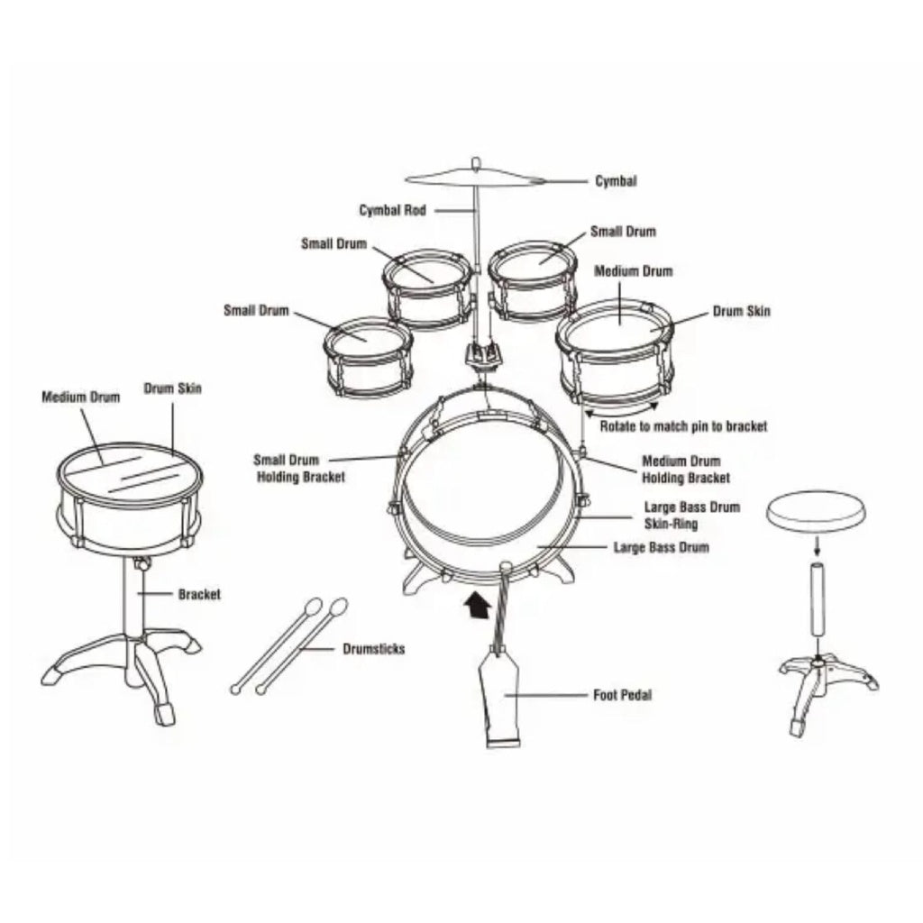 Kids 6pcs Drum Set with Drummer Seat (Red)