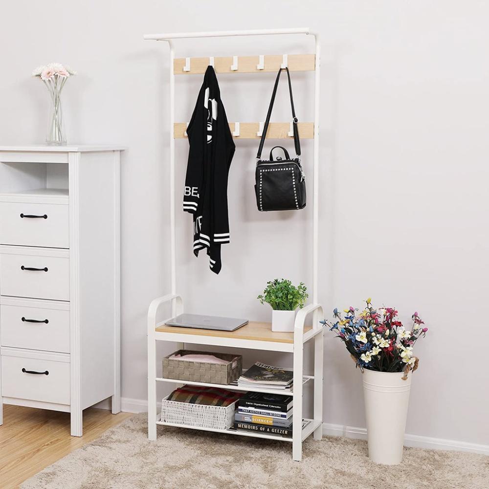 Coat Rack Stand Shoe Bench with Shelves 175cms - White