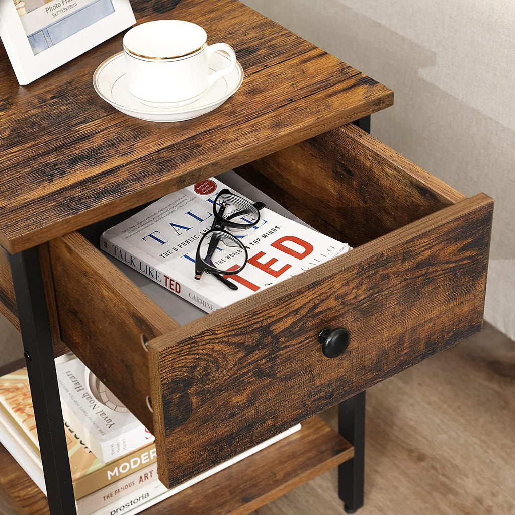 End Table with Drawer and Shelf - Rustic Brown and Black