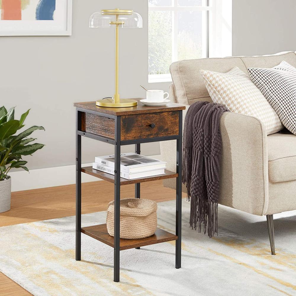 Nightstand End Table with a Drawer and 2 Storage Shelves