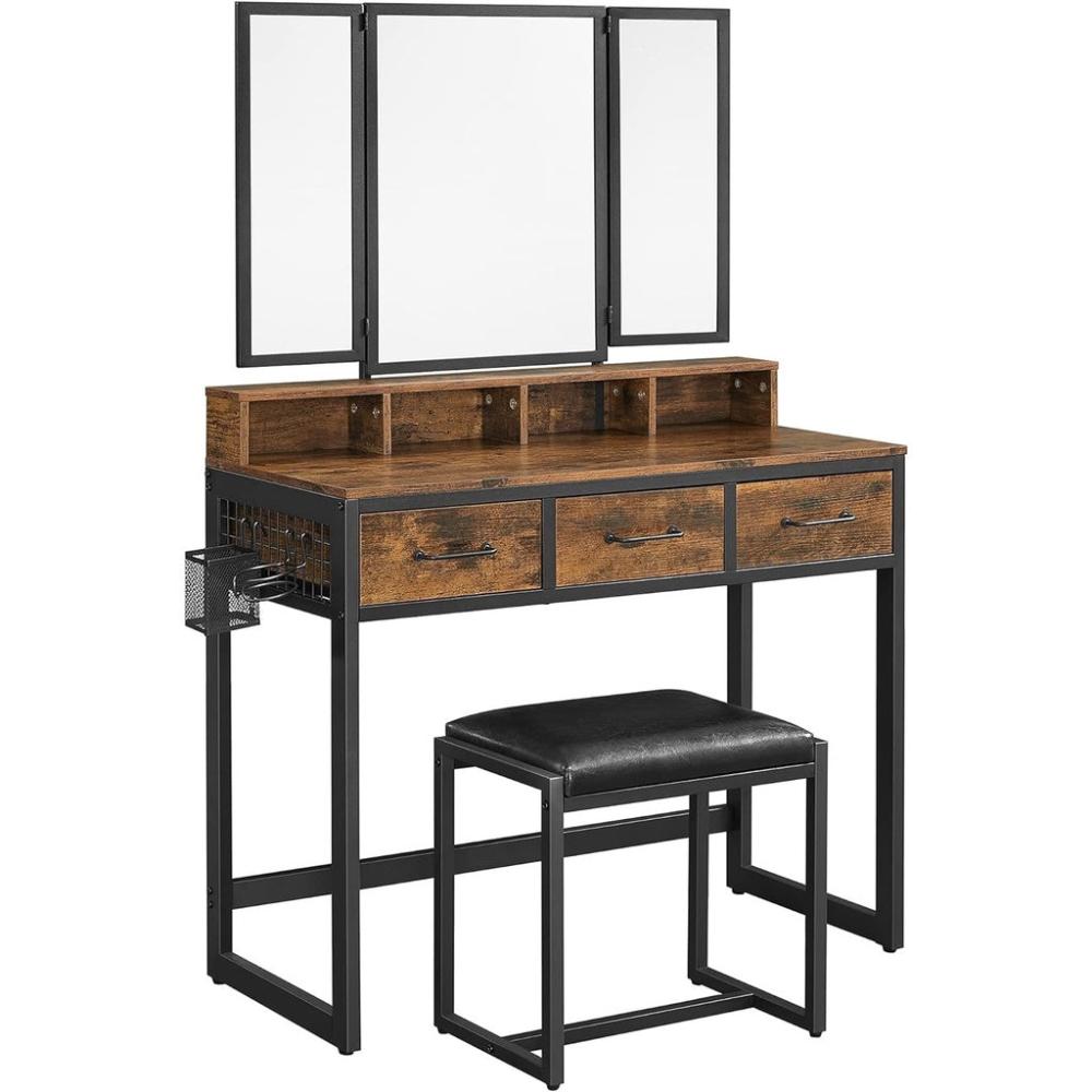 Dresser Table with Trifold Mirror - Rustic Brown and Black