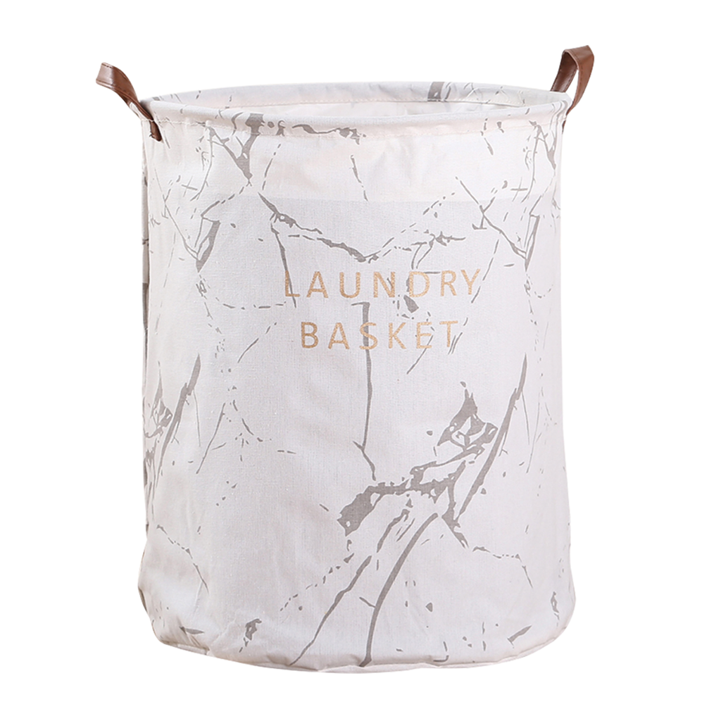 Round Foldable White Grey Marble Design Laundry Basket