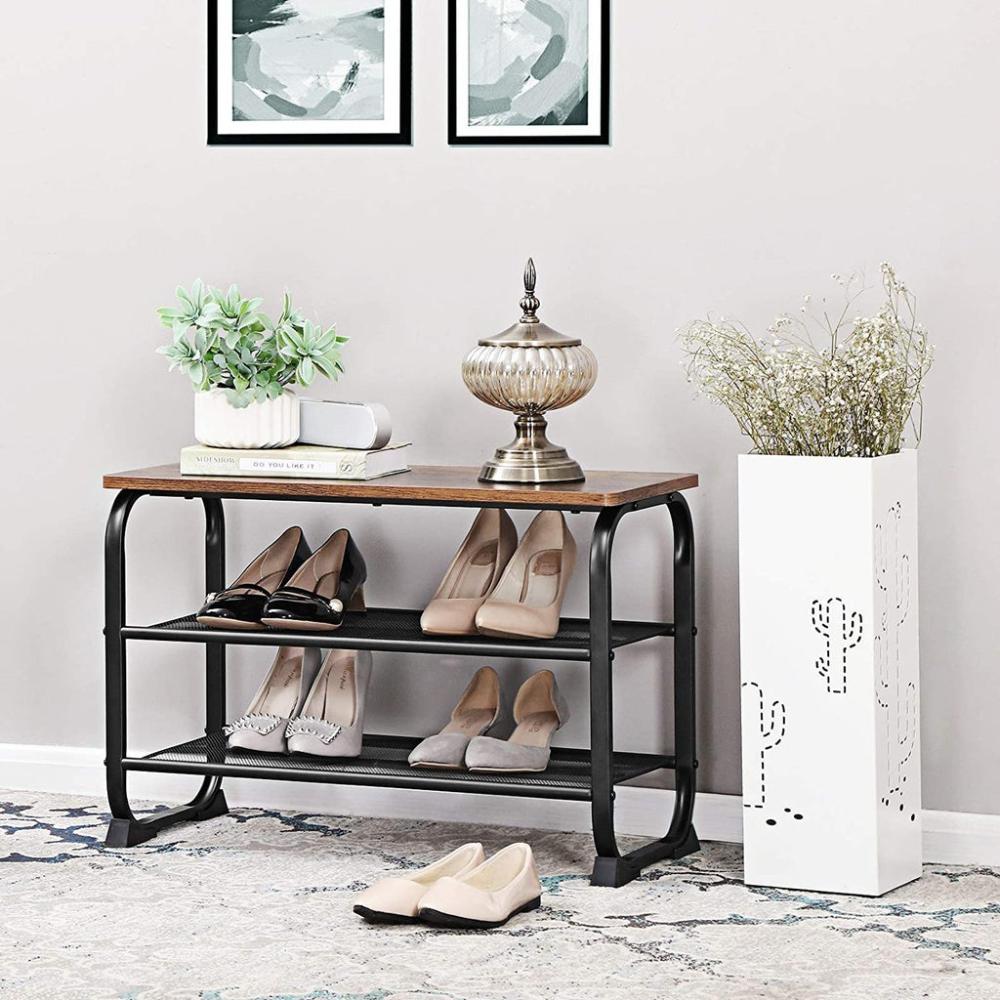 Shoe Bench with 2 Mesh Shelves - Rustic Brown