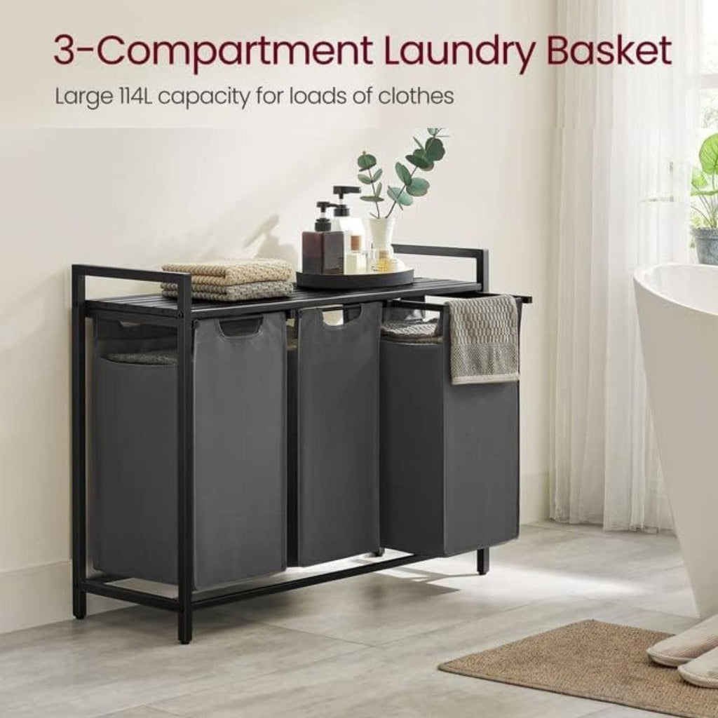 3 x 38L Laundry Hamper with Shelf - Black and Gray