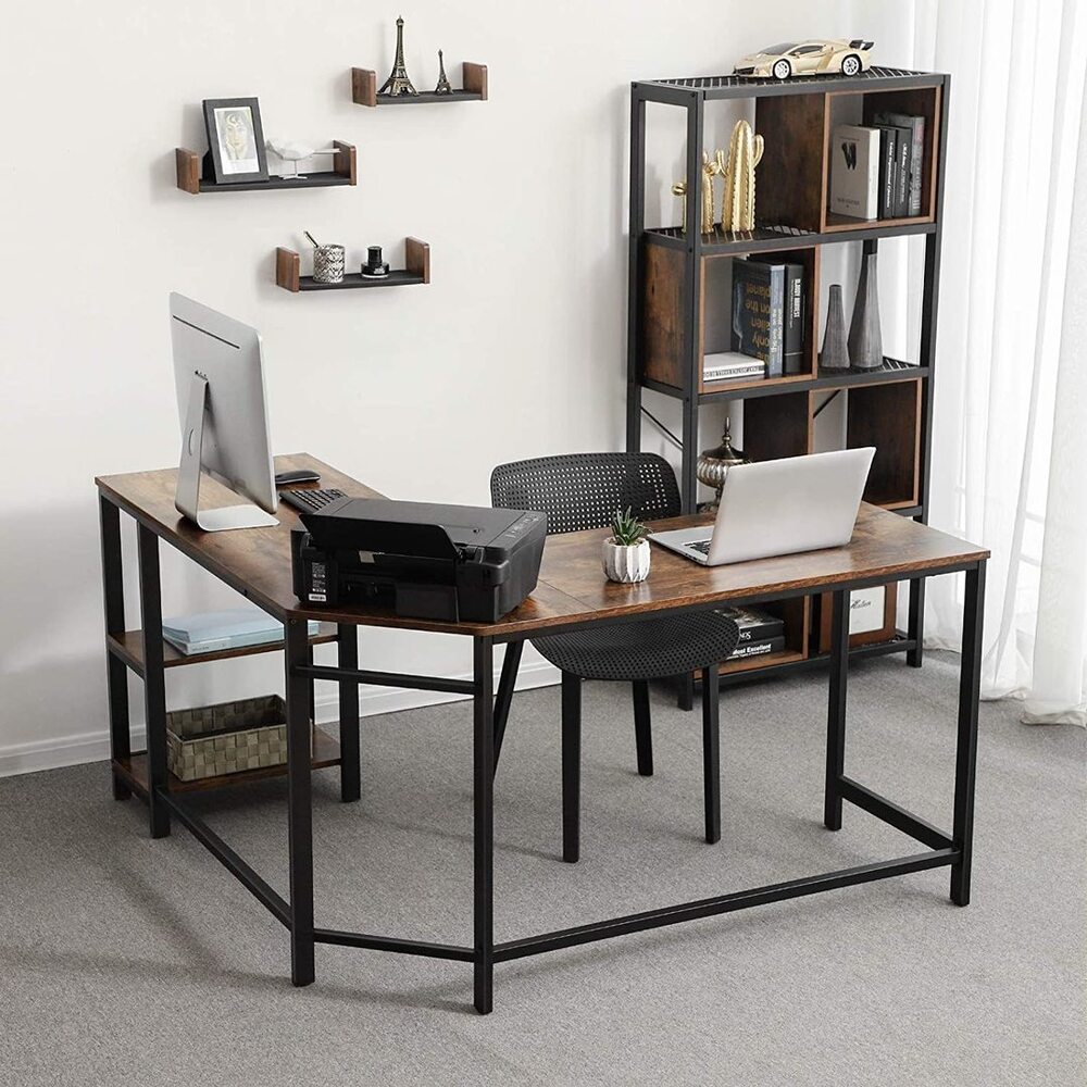 L-Shaped Computer Desk - Rustic Brown and Black