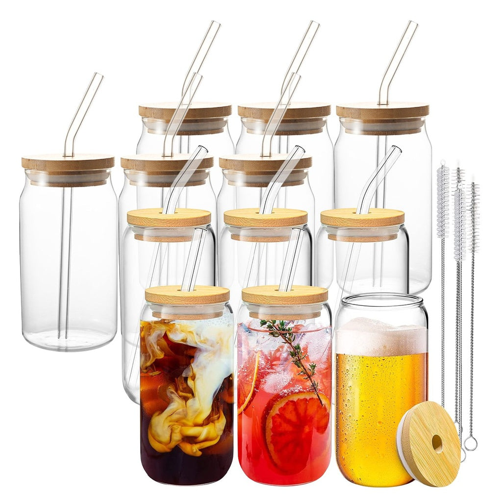 Mason Jar Drinking Glass with Lid and Straw 16Oz - 12pcs