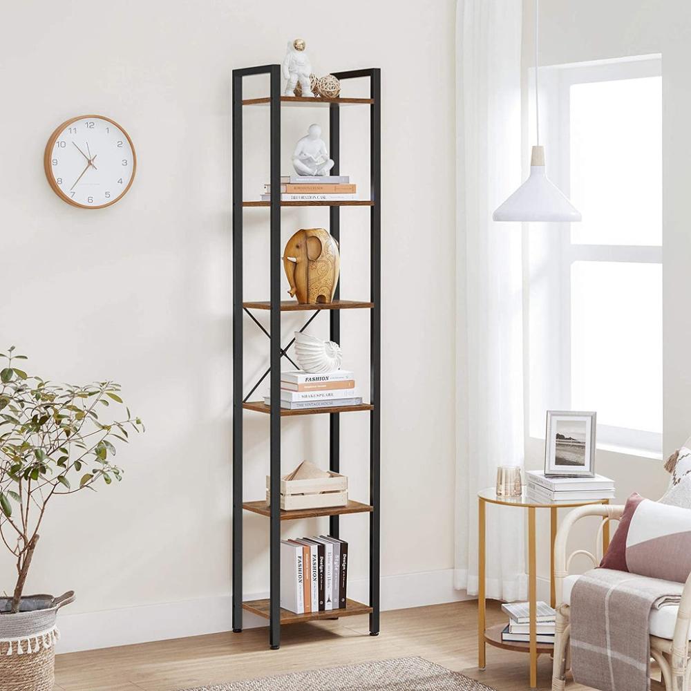 Narrow Bookcase Small 6-Tiers Bookshelf - Rustic Brown and Black