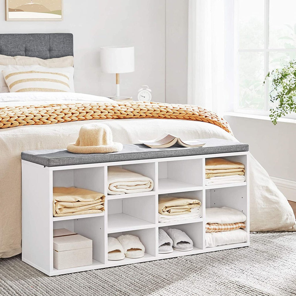 Storage Shoe Bench 10 Compartments with Cushion - White and Gray