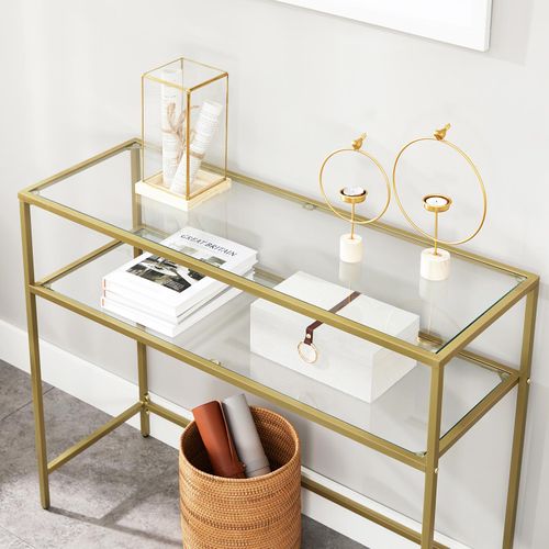 Tempered Glass Console Table with Storage Shelf