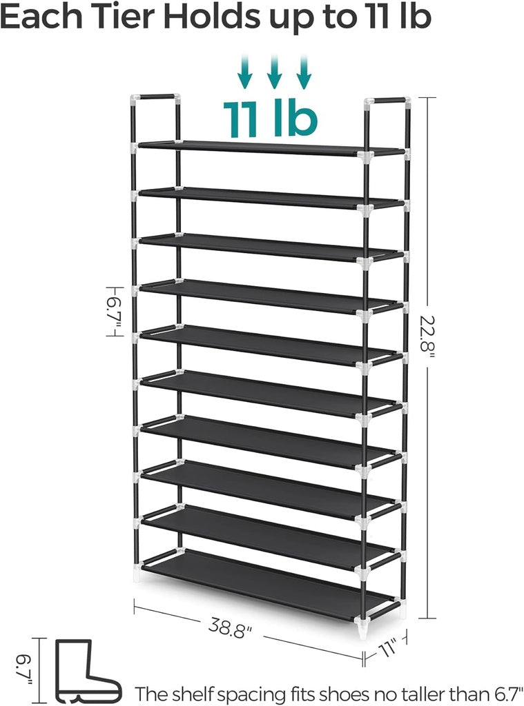 10 Tier Metal Shoe Rack Holds up to 50 Pairs - Black