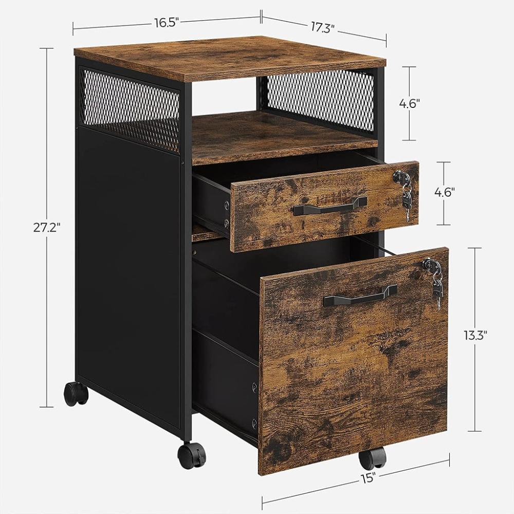 Office File Cabinet with 2 Lockable Drawers- Rustic Brown and Black