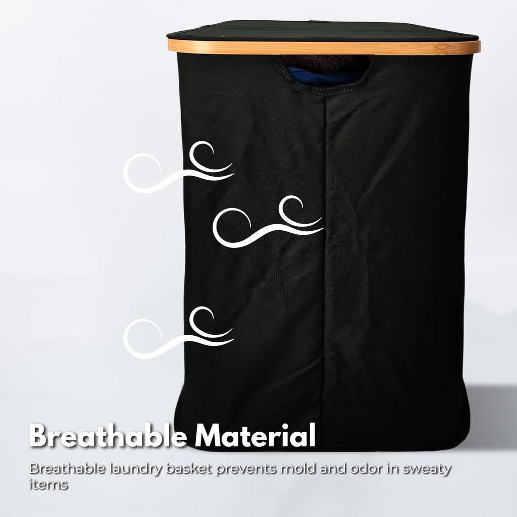 Folding Bamboo & Canvas Laundry Hamper with Double Lid Black