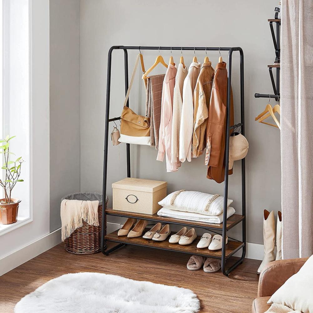 Clothes Rack with 2 Shelves - Rustic Brown and Black