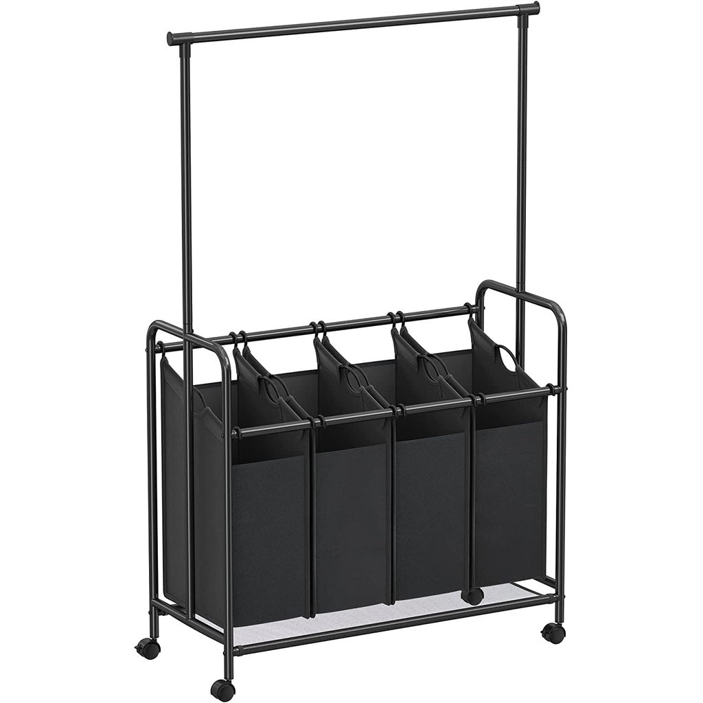 4-Bag Laundry Sorter Rolling Cart with Hanging Bar