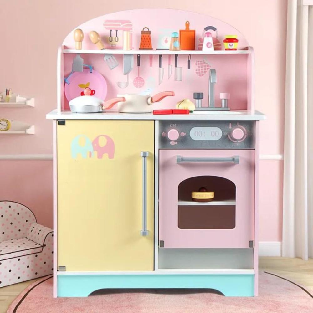 Wooden Kitchen Playset for Kids (Japanese Style Kitchen Set - Pink)