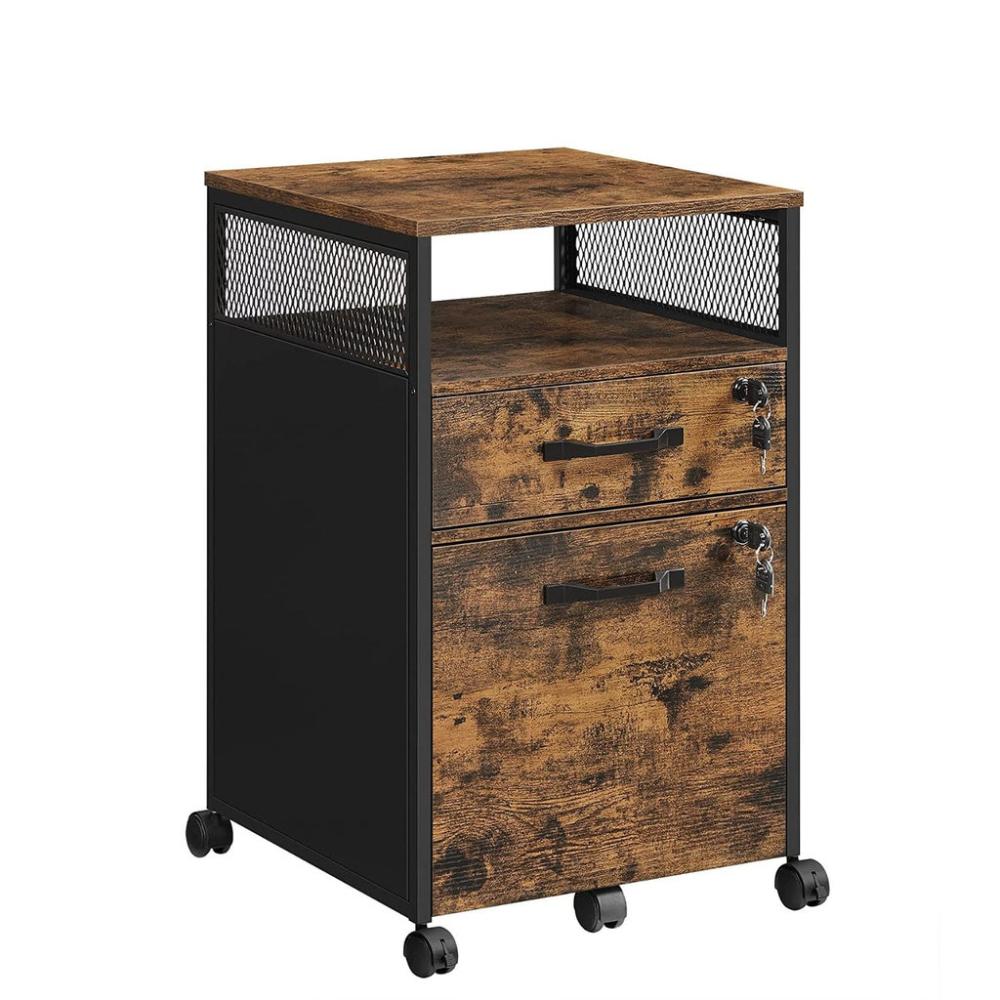 Office File Cabinet with 2 Lockable Drawers- Rustic Brown and Black