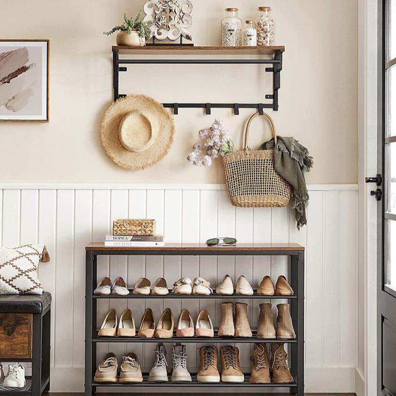 Shoe Storage Bench with 3 Mesh Shelves - Rustic Brown