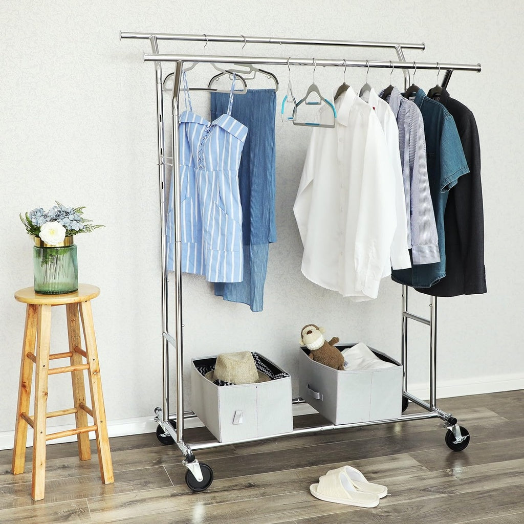 Metal Clothes Rack Stand on Wheels Heavy Duty - Silver