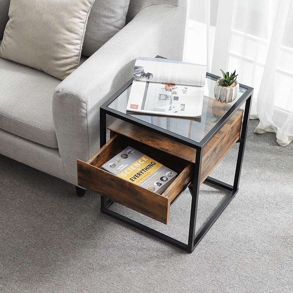 Tempered Glass Side Table with Drawer and Shelf