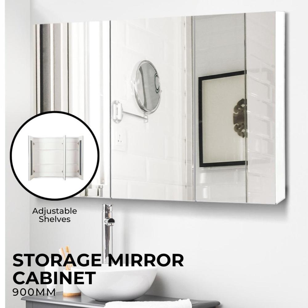 Bathroom Vanity Mirror with Triple Door Storage Cabinet (White)