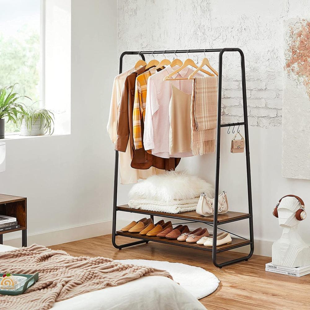 Clothes Rack with 2 Shelves - Rustic Brown and Black