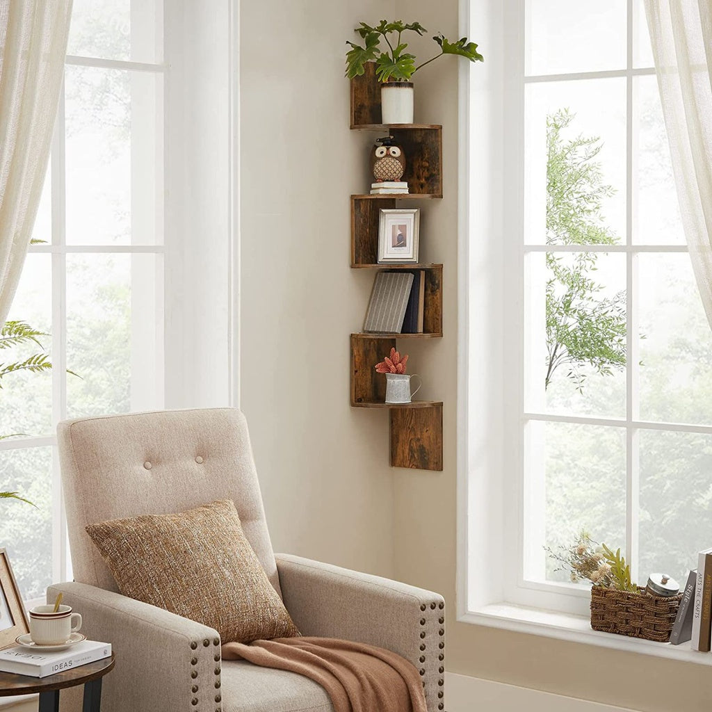 5-Tier Floating Corner Bookshelf - Rustic Brown