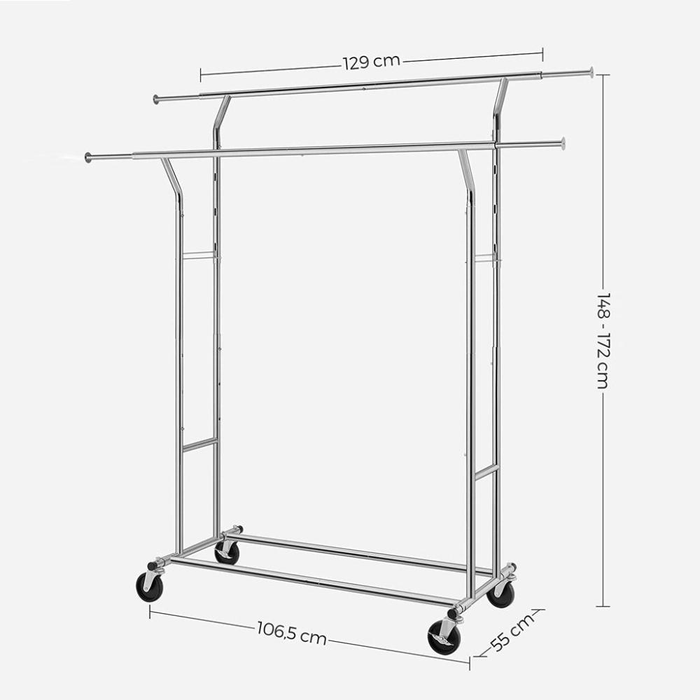 Metal Clothes Rack Stand on Wheels Heavy Duty - Silver