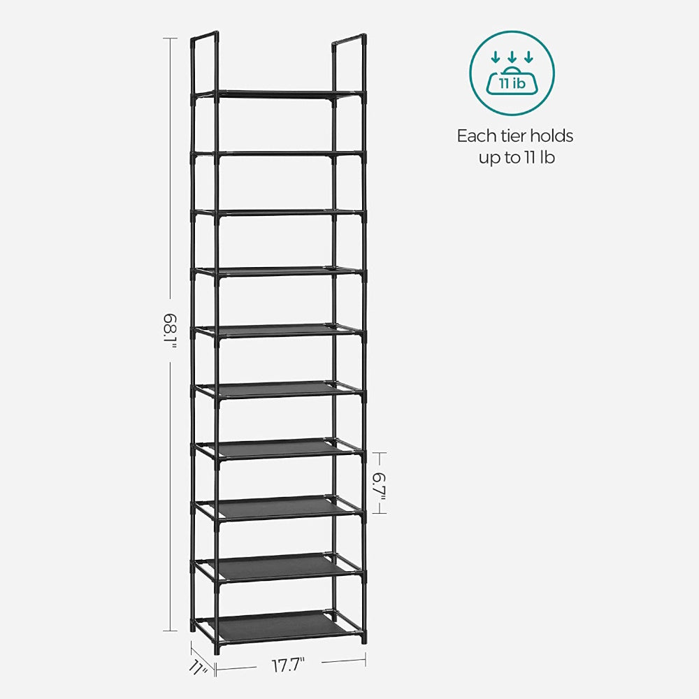 10 Tier Metal Shoe Rack Non-Woven Fabric Shelves - Black