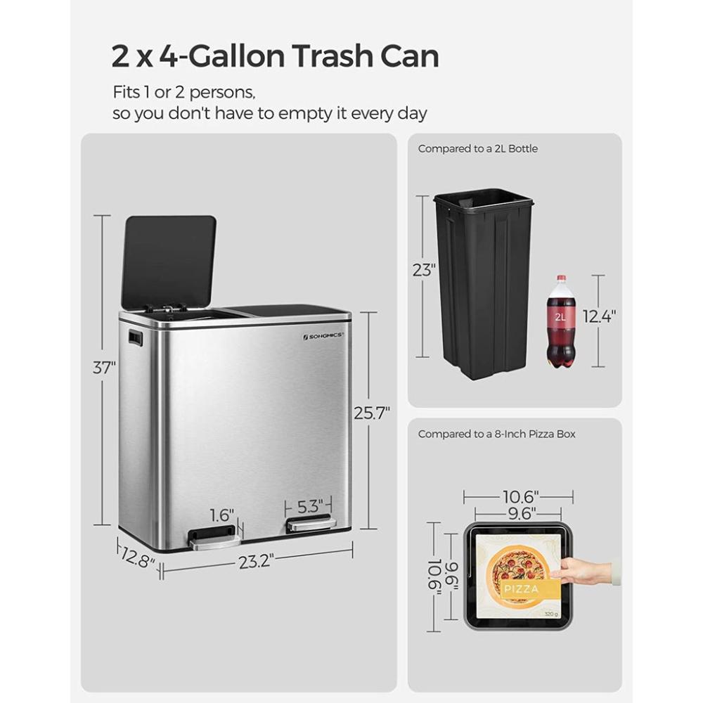 Dual Rubbish Bin 2 x 30L Garbage Can Silver - 60L