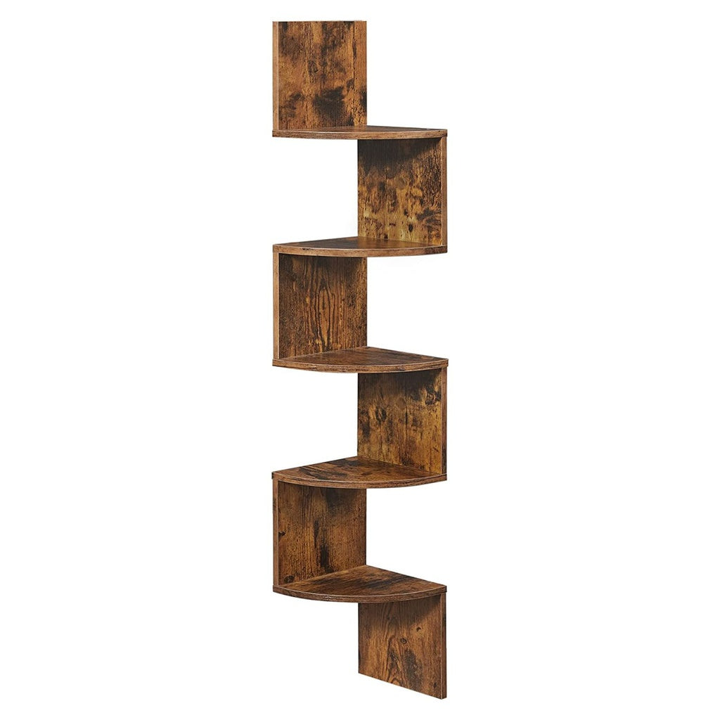 5-Tier Floating Corner Bookshelf - Rustic Brown